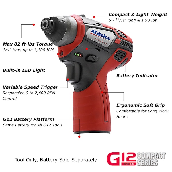 G12 12V 1/4'' Cordless Impact Driver, (Tool Only), ARI12105T